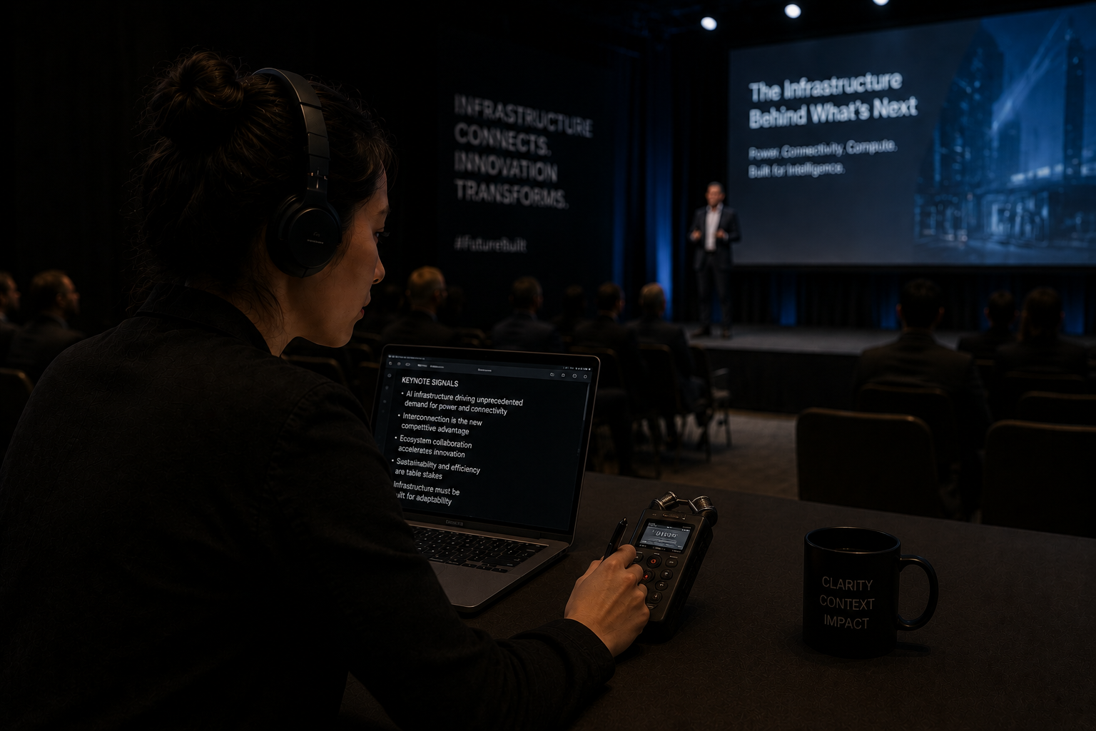 A audio team member listen to a speaker at a conference