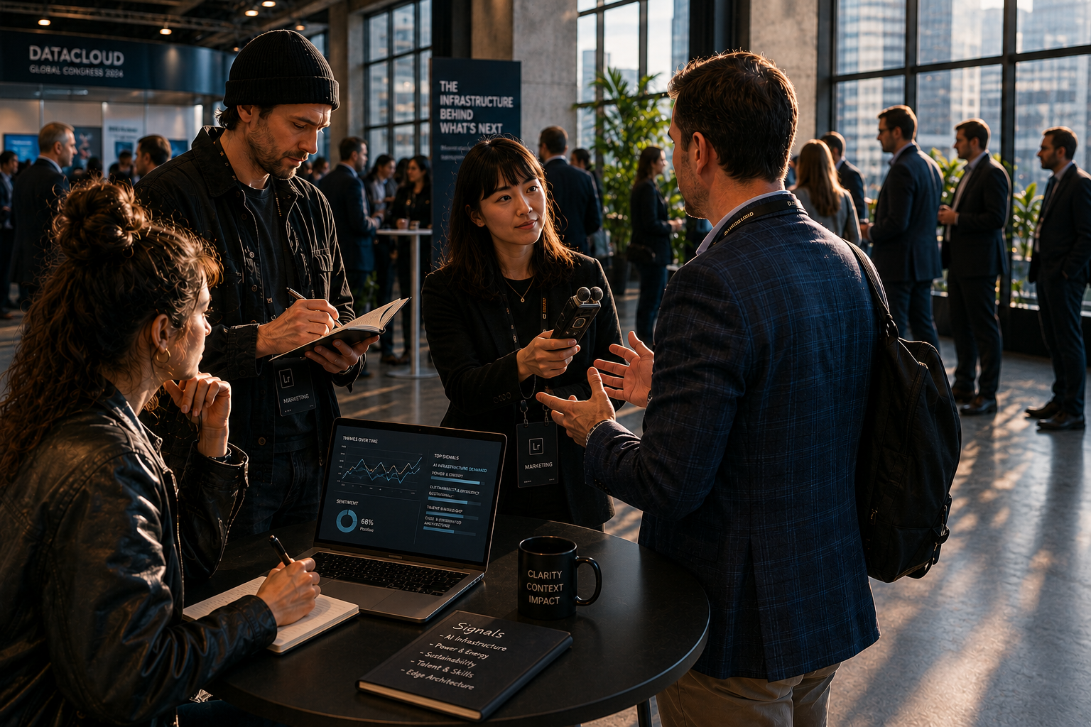 Marketing team interview an attendee at a conference extracting signals and theme in a well-lit hallway