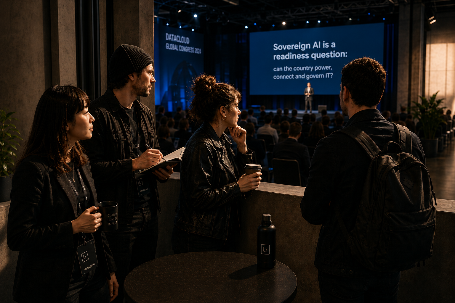 A group of marketing audio team on the sidelines listening to the signals of the keynote speaker presenting on Sovereign AI