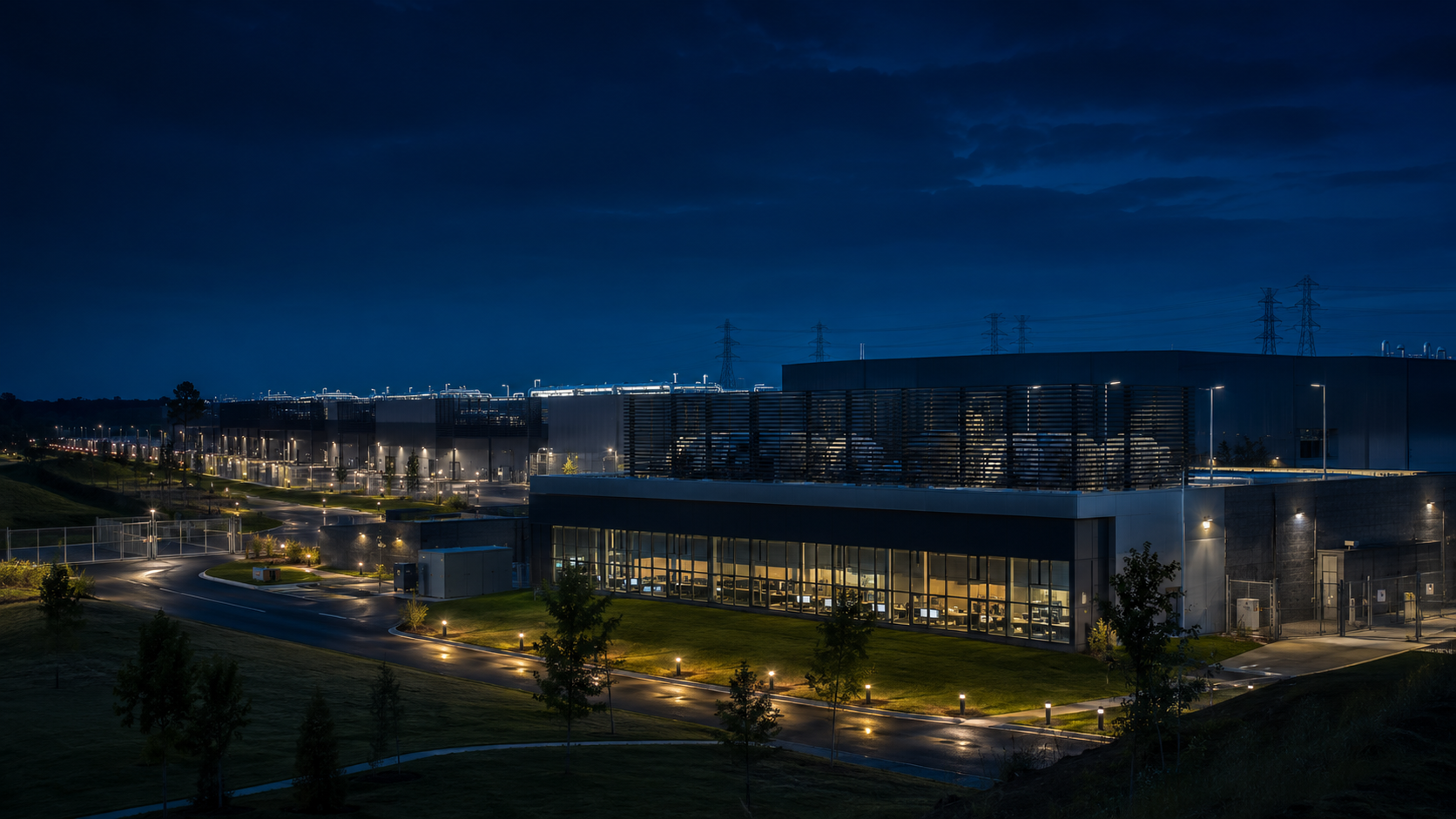 Data center campus at night