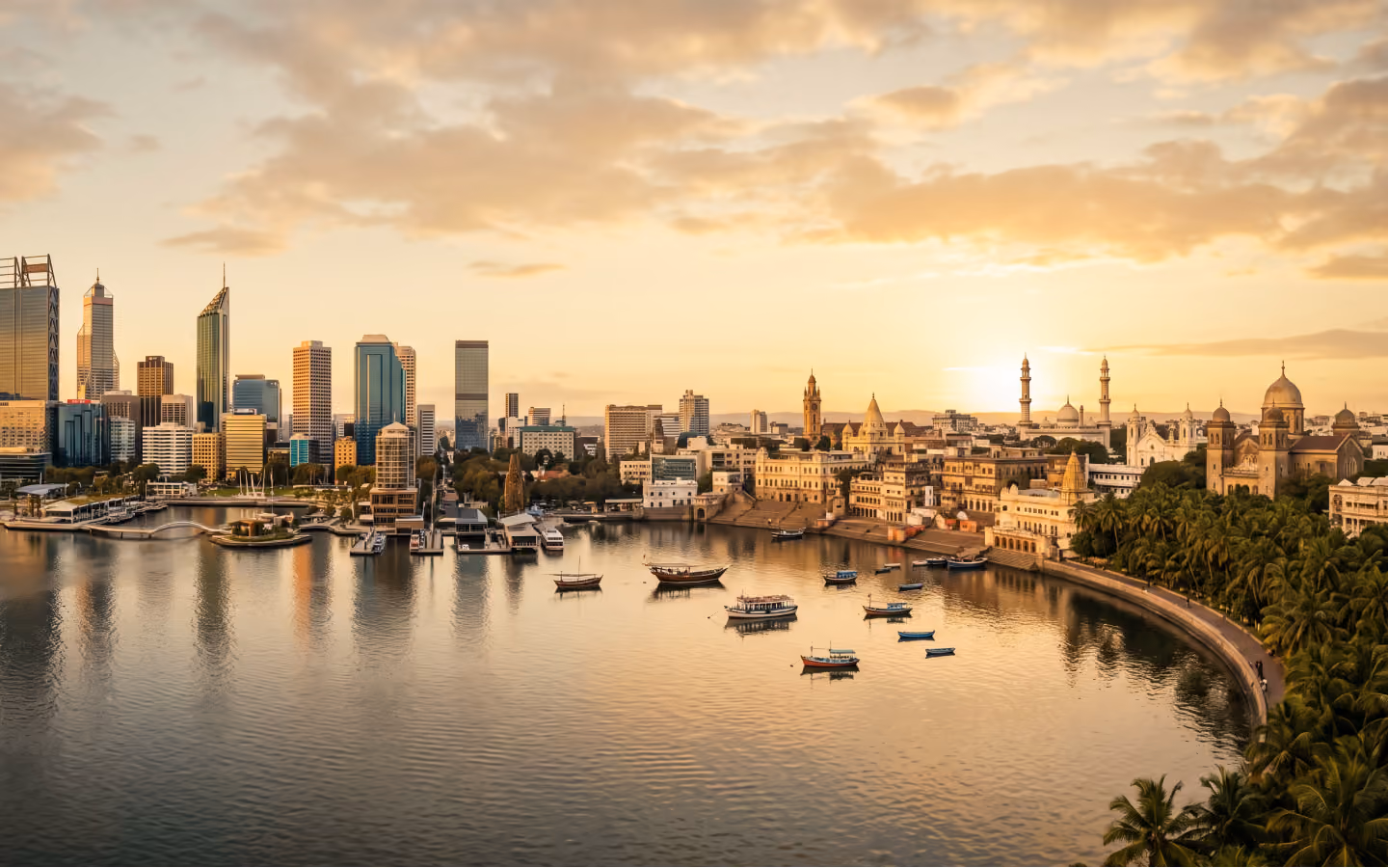 City skyline at sunset with boats on calm water and a curved waterfront lined with trees.
