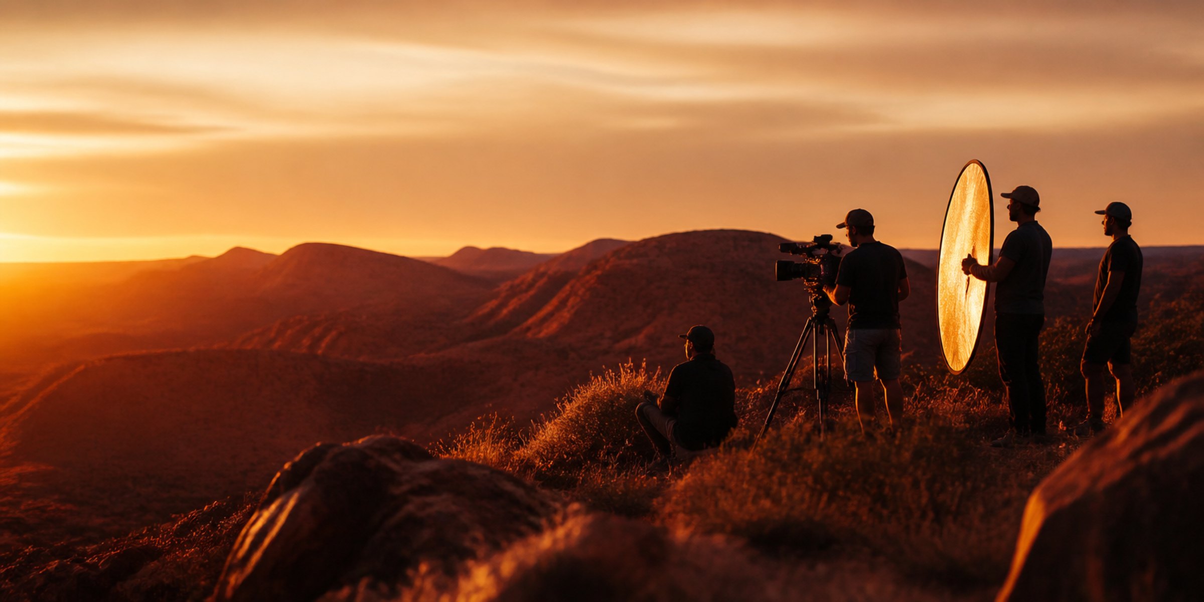 A film crew filming at sunset in the ranges of Western Australia