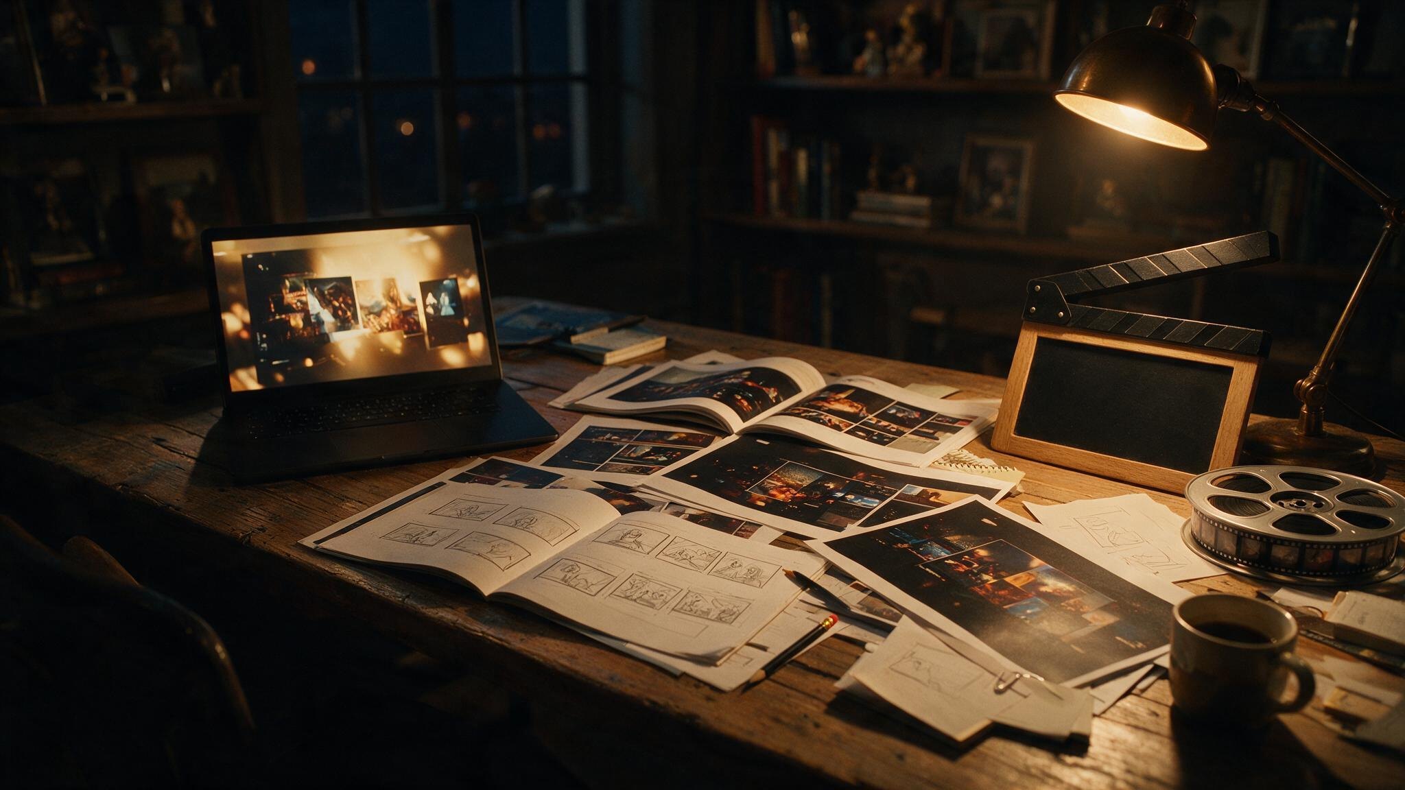 Storyboards, a clapperboard and a laptop on a desk under warm lamplight