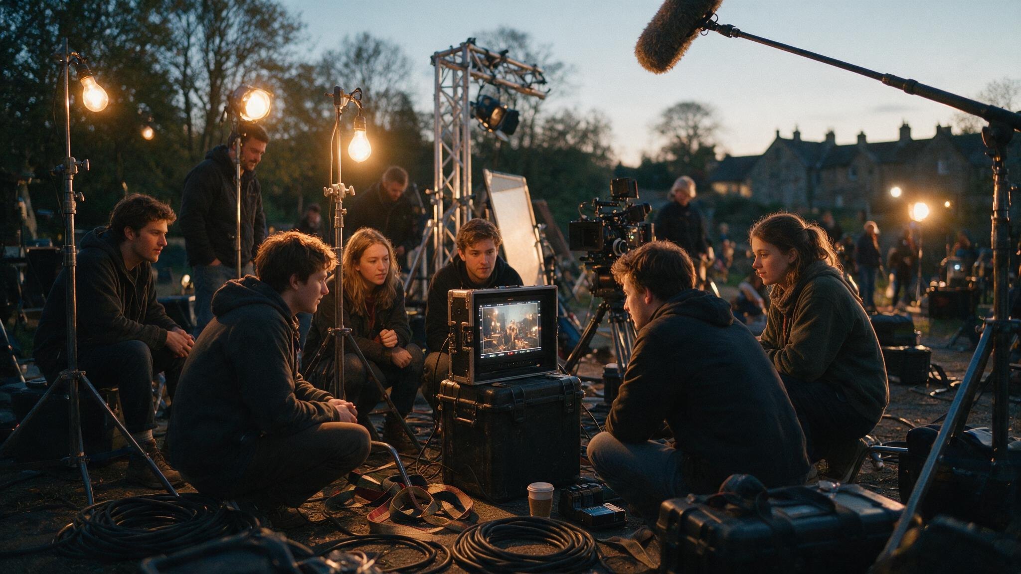 Crew gathered around a director's monitor on set at dusk