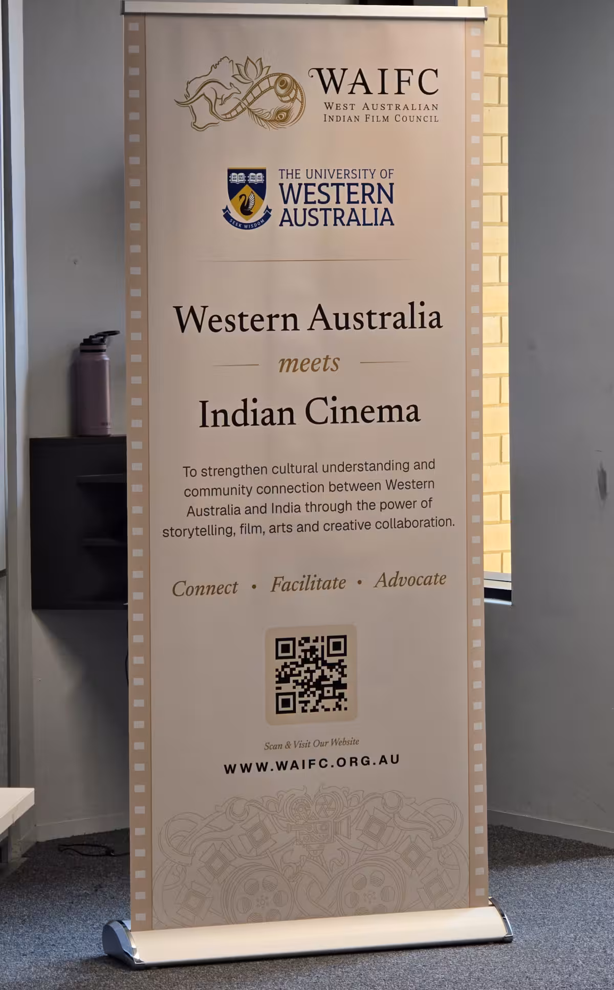 Banner for WAIFC and The University of Western Australia promoting cultural ties with Indian Cinema.