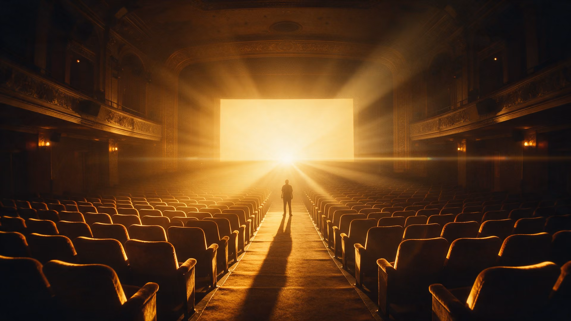 Silhouetted lone filmmaker in an empty grand cinema as golden light bursts from the screen