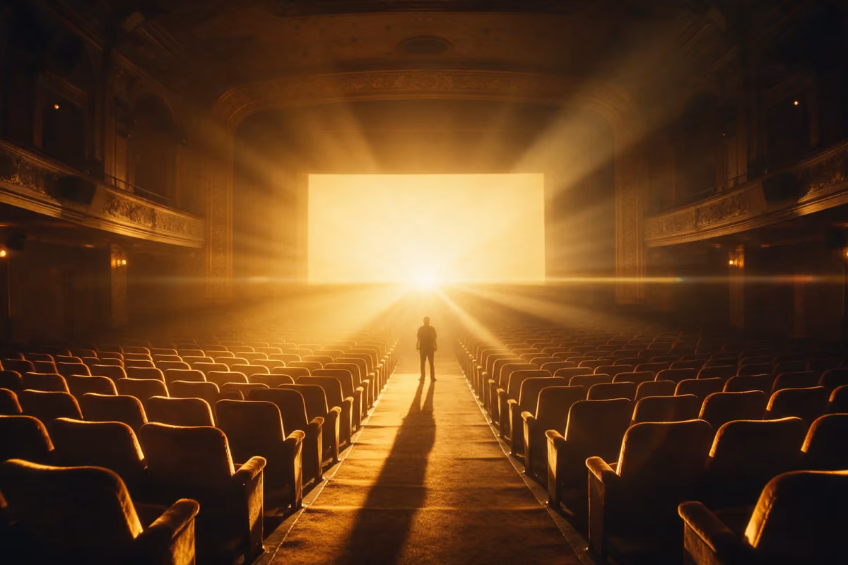 Silhouetted filmmaker in an empty cinema before a glowing screen, illustrating who holds power in global filmmaking