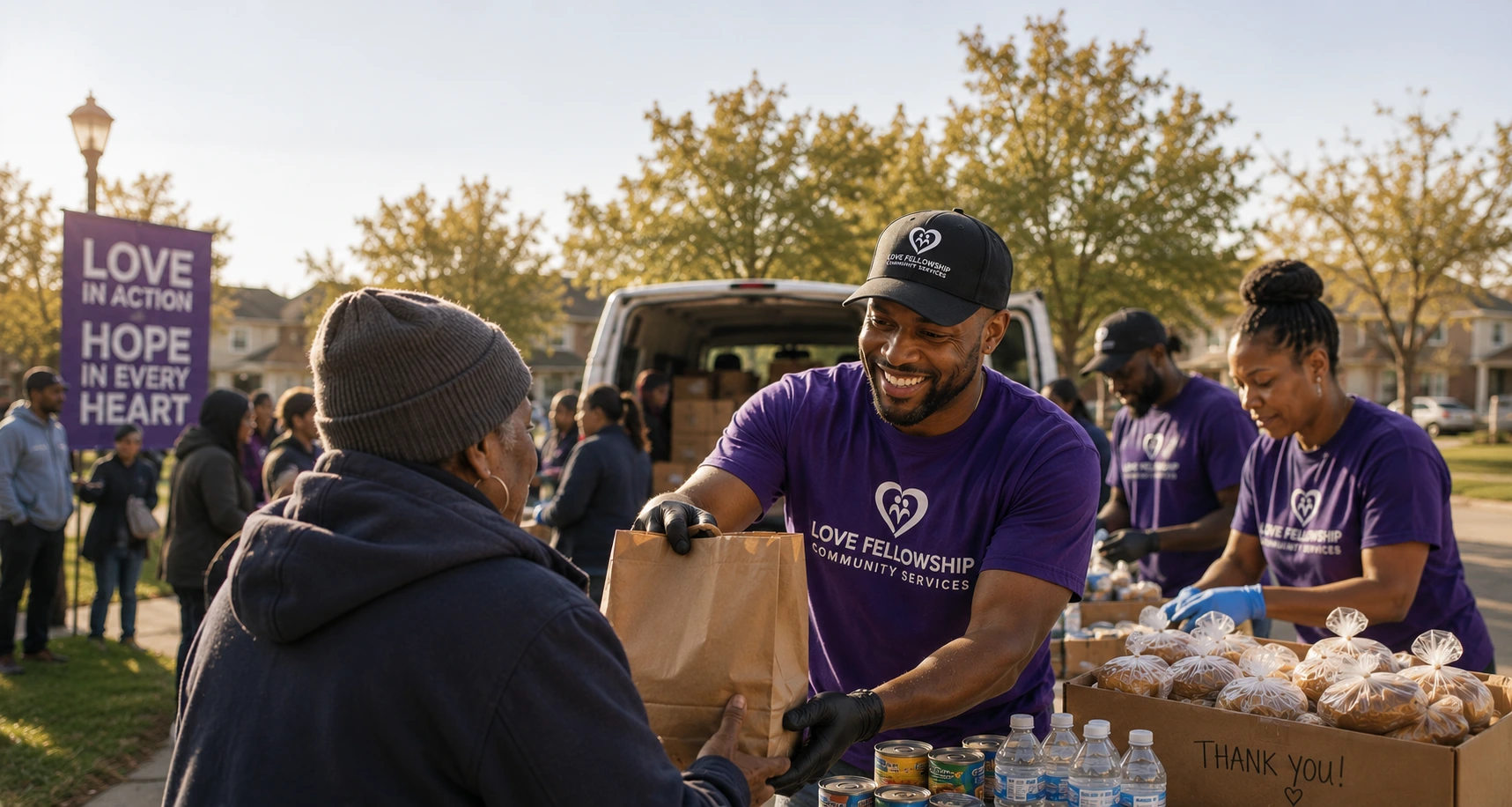 Volunteers in purple shirts distributing food bags and supplies in a community outdoor setting.