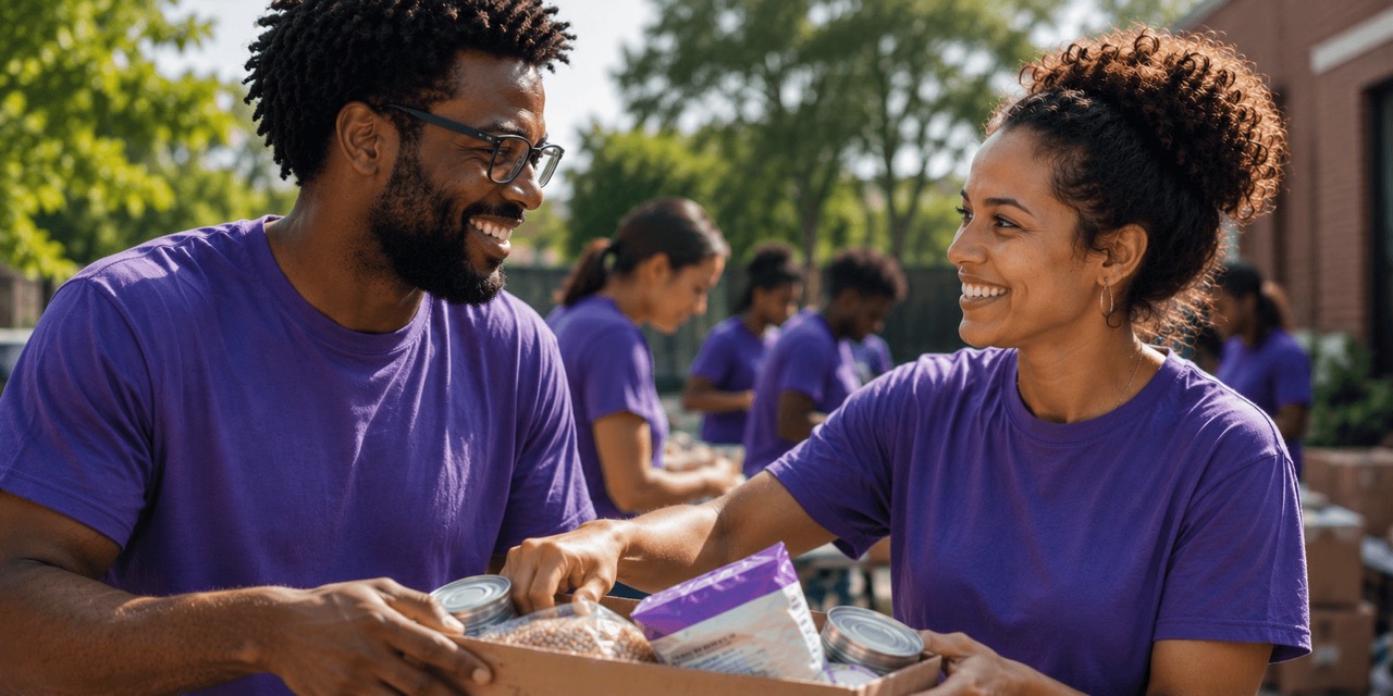 Volunteers in purple shirts smiling and handing canned and packaged food outdoors.