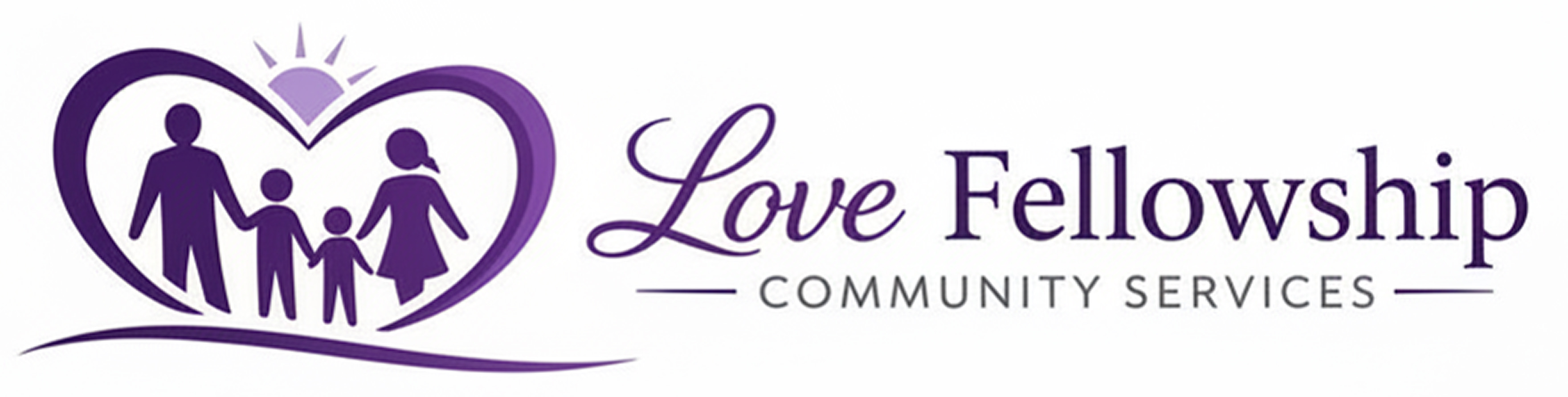 Logo showing a family of four inside a purple heart with a rising sun and the text Love Fellowship Community Services.