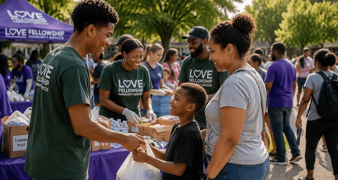 Volunteers in green shirts smiling and handing blessing bags to a boy and woman at an outdoor community event.