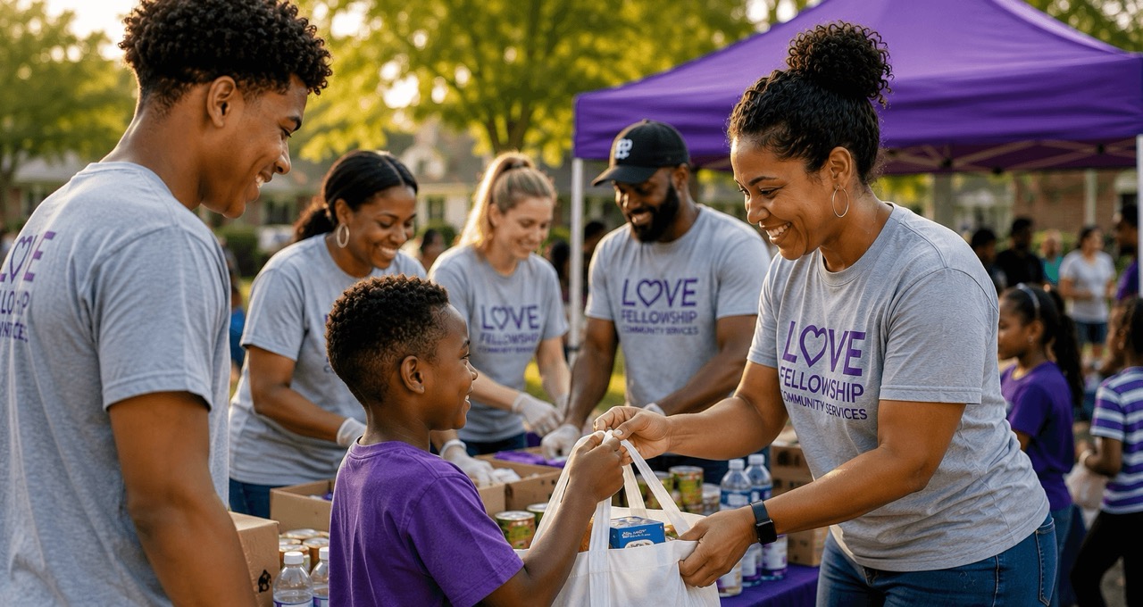 Volunteers in Love Fellowship shirts hand out bags of food to smiling children at outdoor community event.
