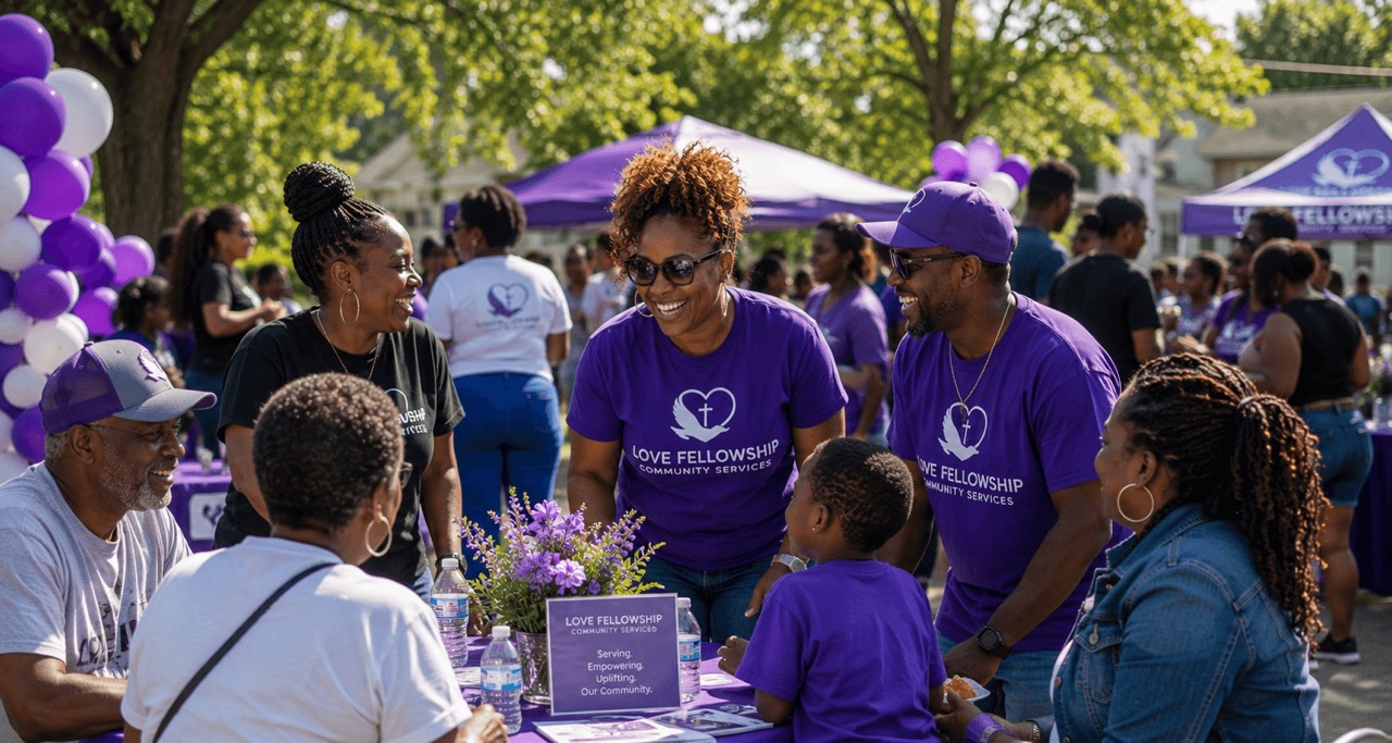 People smiling and interacting at an outdoor community event with purple Love Fellowship shirts and decorations.