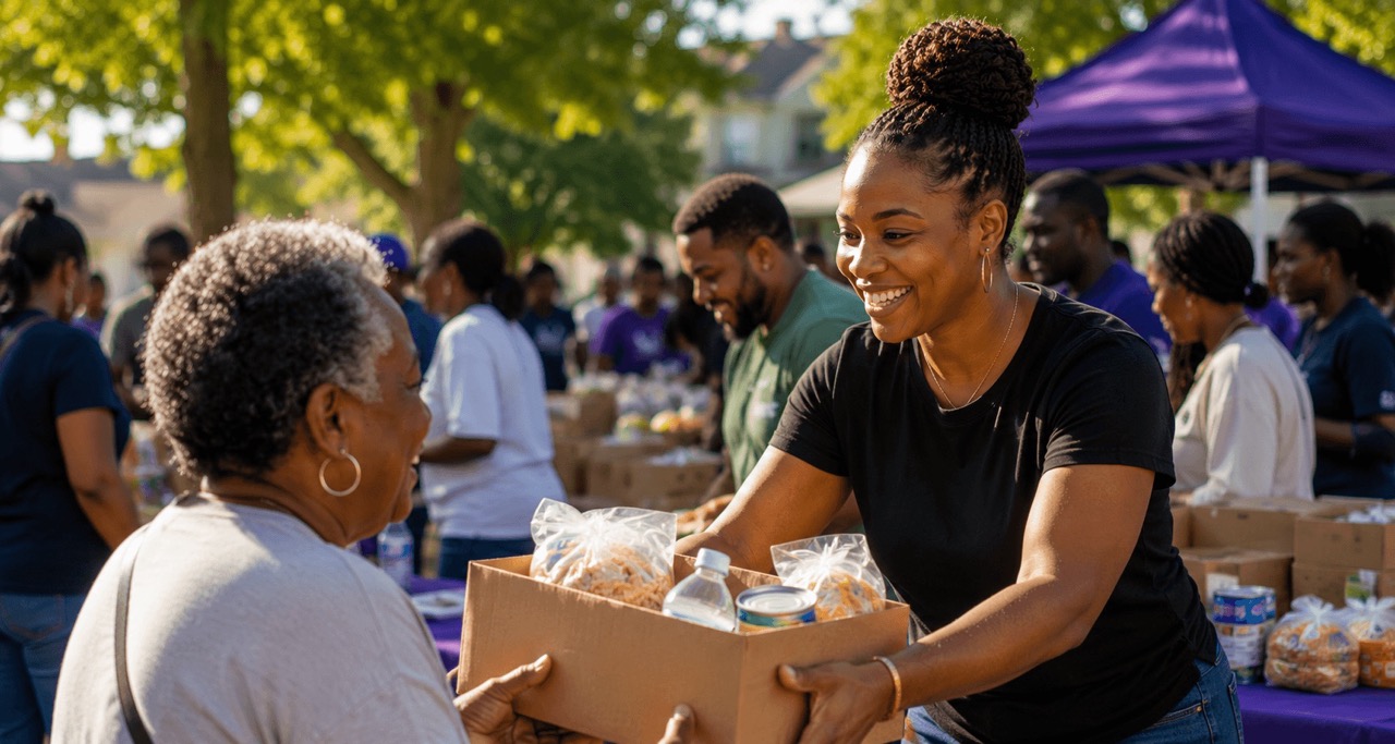 Woman smiling as she hands a box of items to an elderly woman at an outdoor community event.