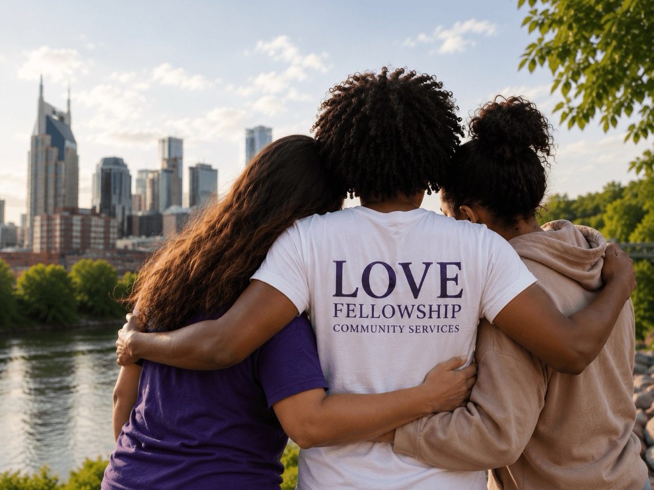 Three people embrace overlooking a river with a city skyline and trees in the background.