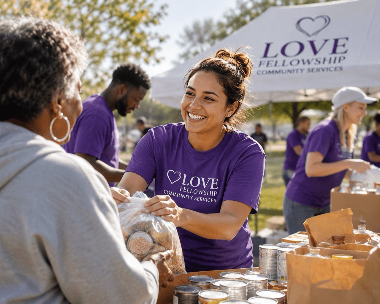Volunteers in purple shirts handing out food bags at an outdoor community service event.