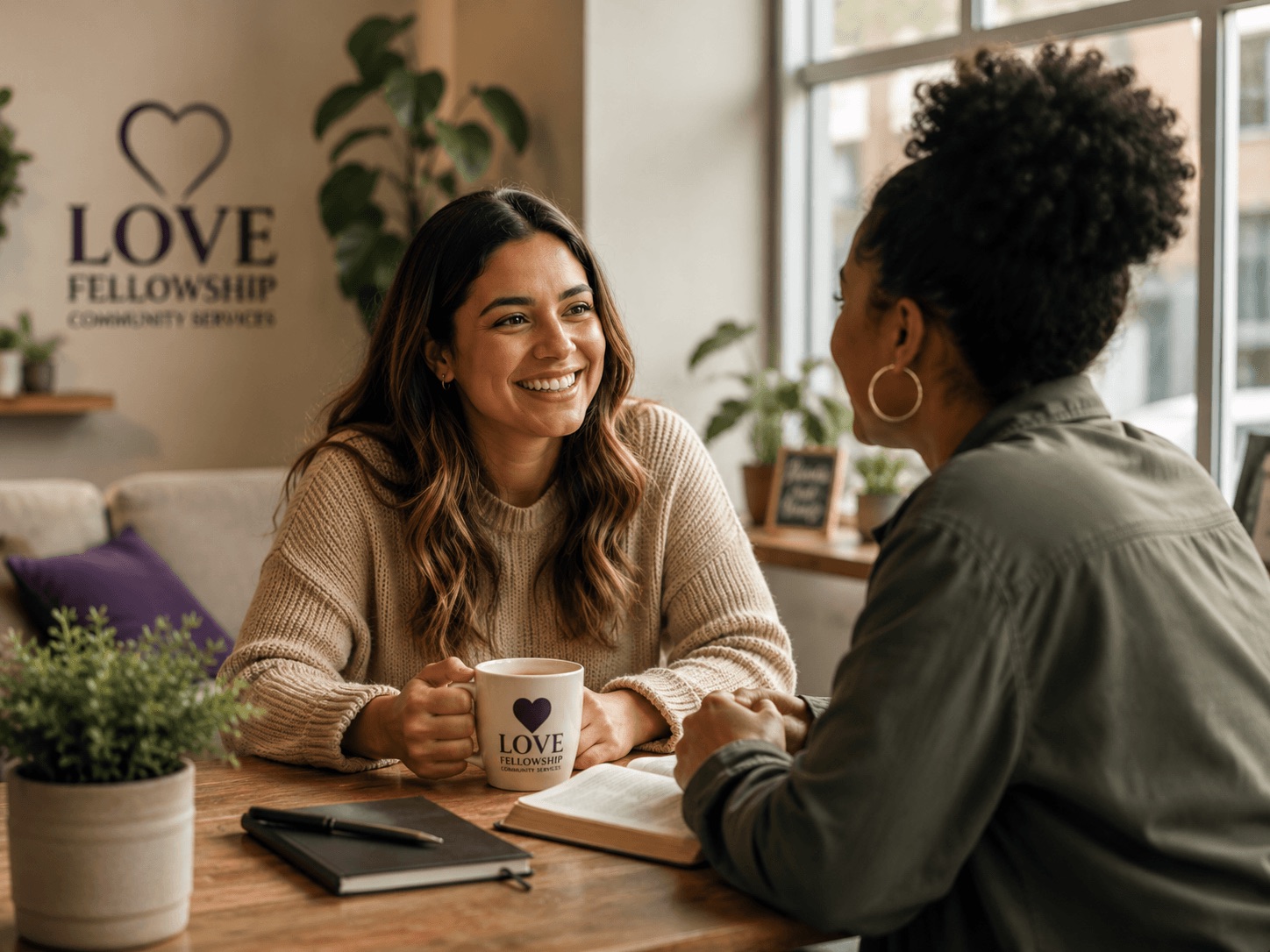 Two women sitting at a table smiling and talking, one holding a LOVE Fellowship mug indoors.