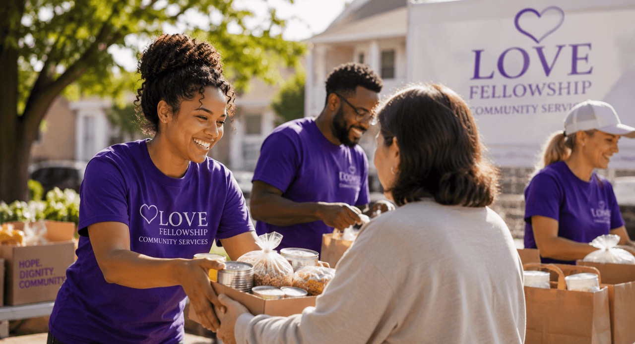 Volunteers in purple shirts handing food packages to a community member outdoors during a service event.