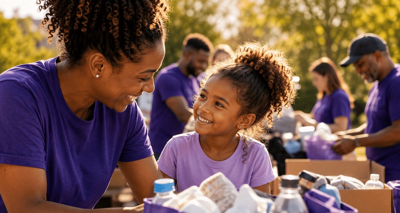 Smiling woman and young girl in purple shirts volunteering outdoors with others packing supplies.