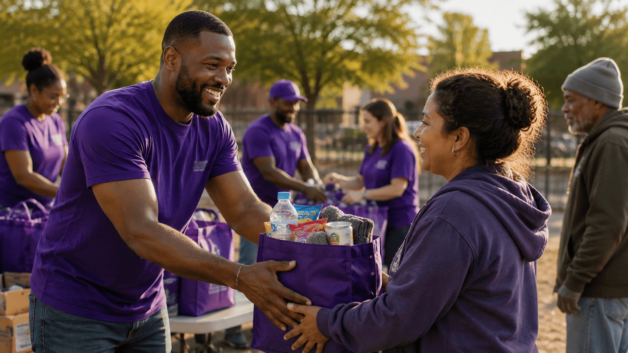 Volunteers in purple shirts hand out bags of food and supplies outdoors to smiling recipients.