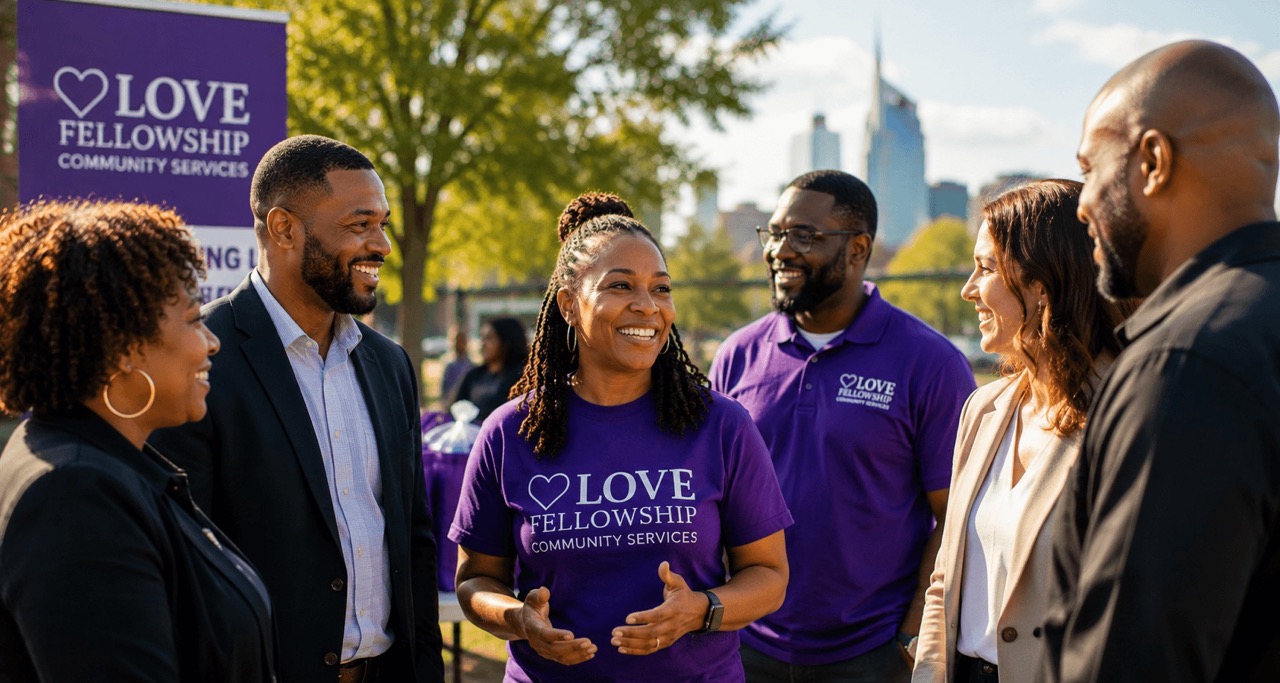 Group of six diverse adults smiling and talking outdoors near a Love Fellowship Community Services sign.