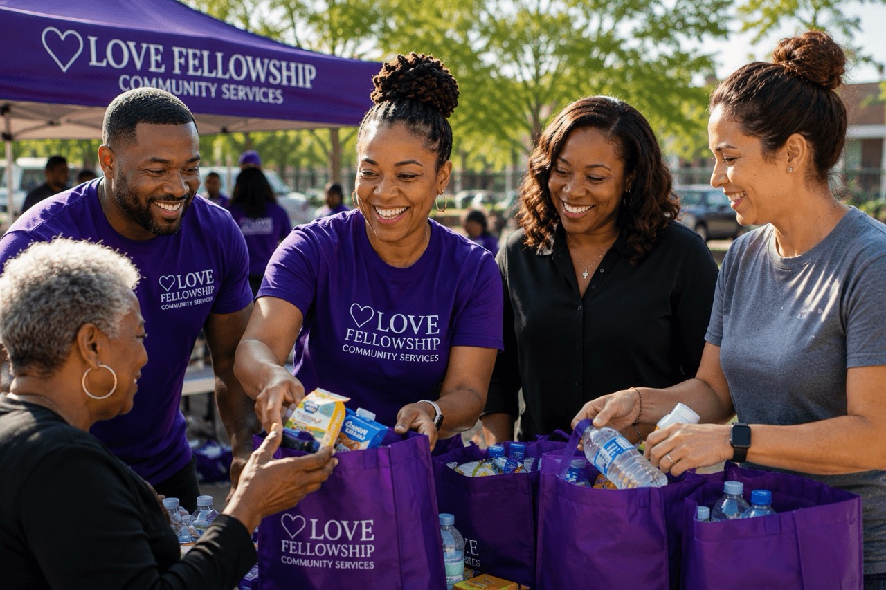 Volunteers blessing bags at Love Fellowship Community Services event outdoors.