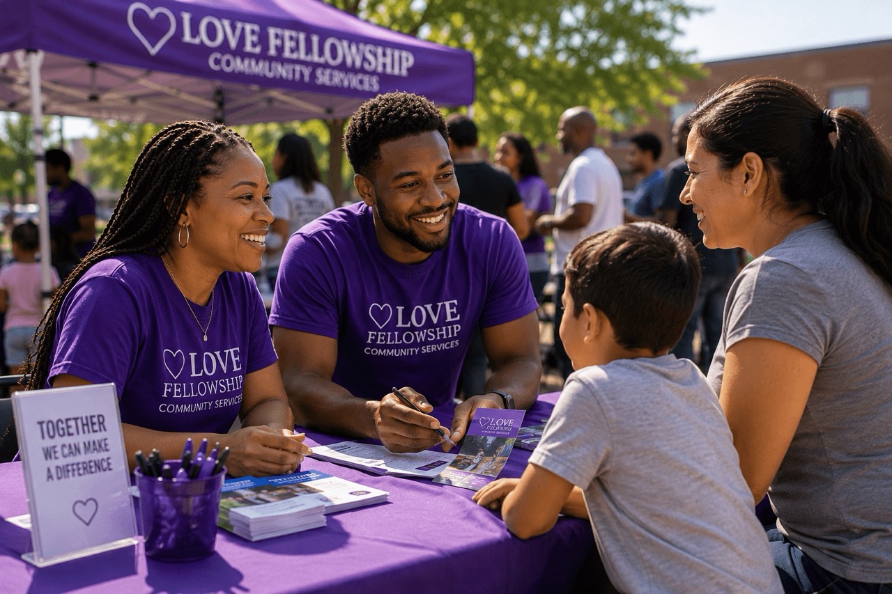 Two volunteers in Love Fellowship shirts talk with a woman and child at an outdoor community table.