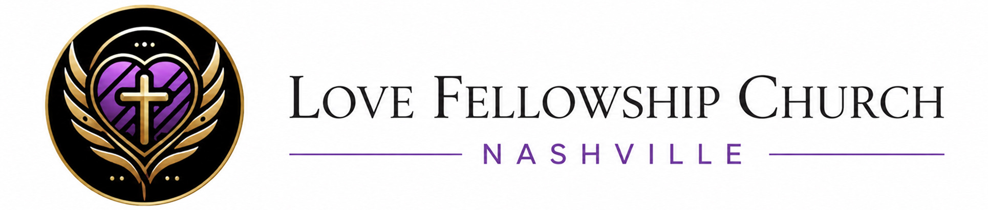 Love Fellowship Church Nashville logo with a purple heart, gold cross, and gold wings in a circle.