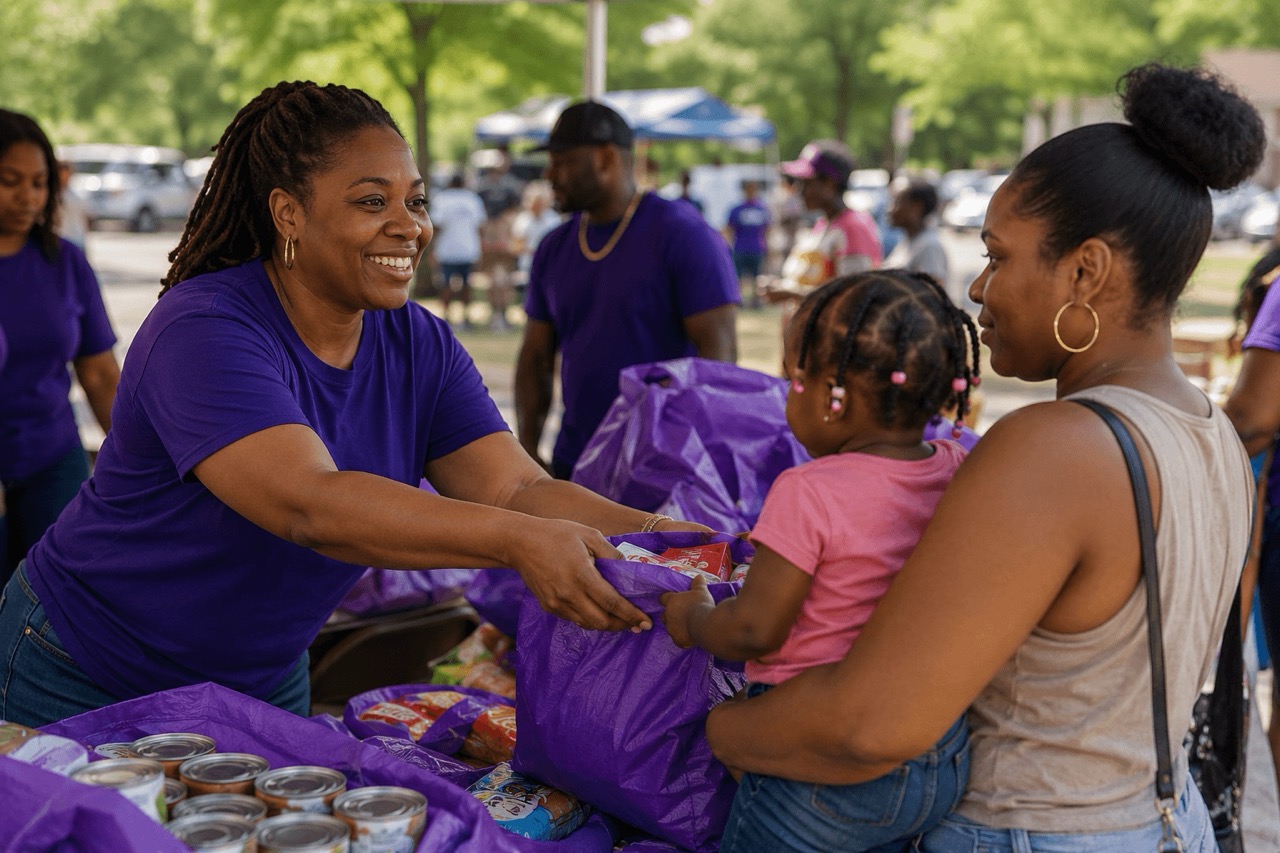 Volunteer in purple shirt hands a bag of groceries to a woman holding a child at outdoor event.