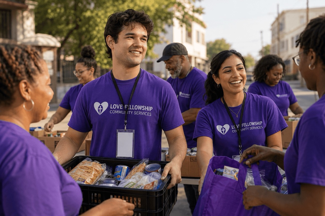 Volunteers in purple shirts distributing food and supplies outside on a sunny day.