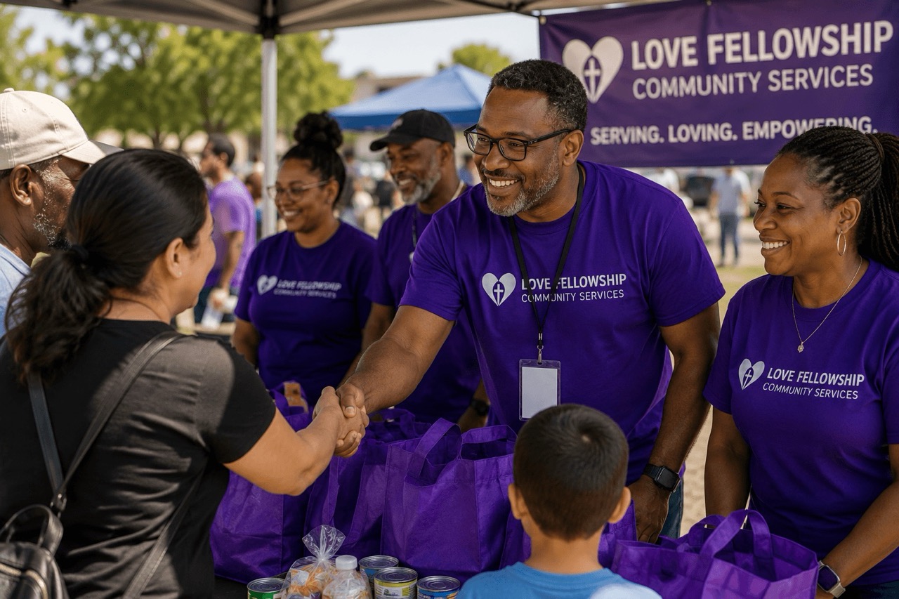 Volunteers in purple shirts greet community members at Love Fellowship Community Services booth outdoors.