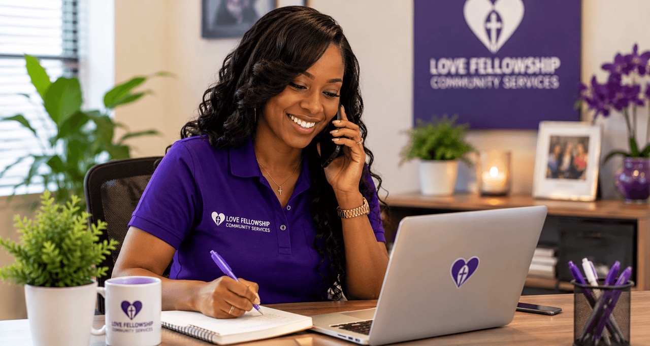 Woman in purple Love Fellowship shirt smiling on phone while writing in notebook at desk with laptop.