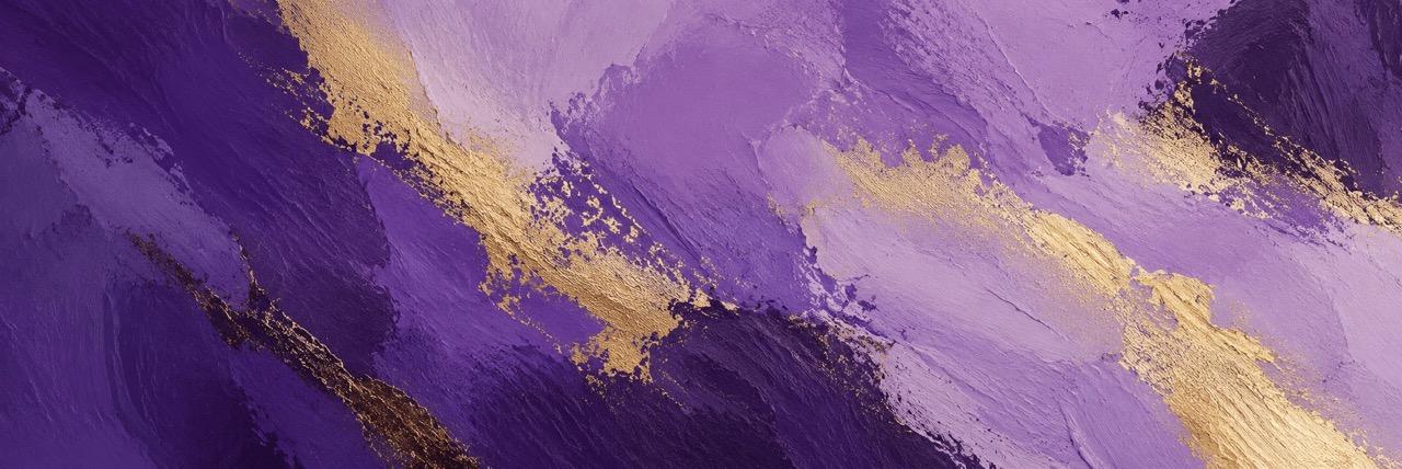 Abstract textured painting with shades of purple and gold brush strokes.
