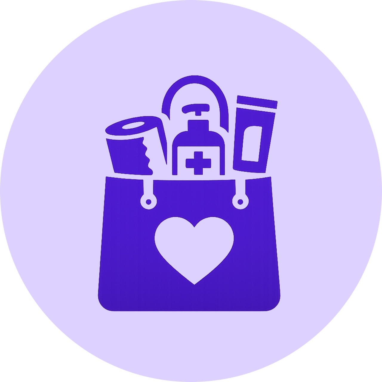Blessing bag with a heart symbol holding a roll, a sanitizer bottle, and a tube inside on a purple circle background.