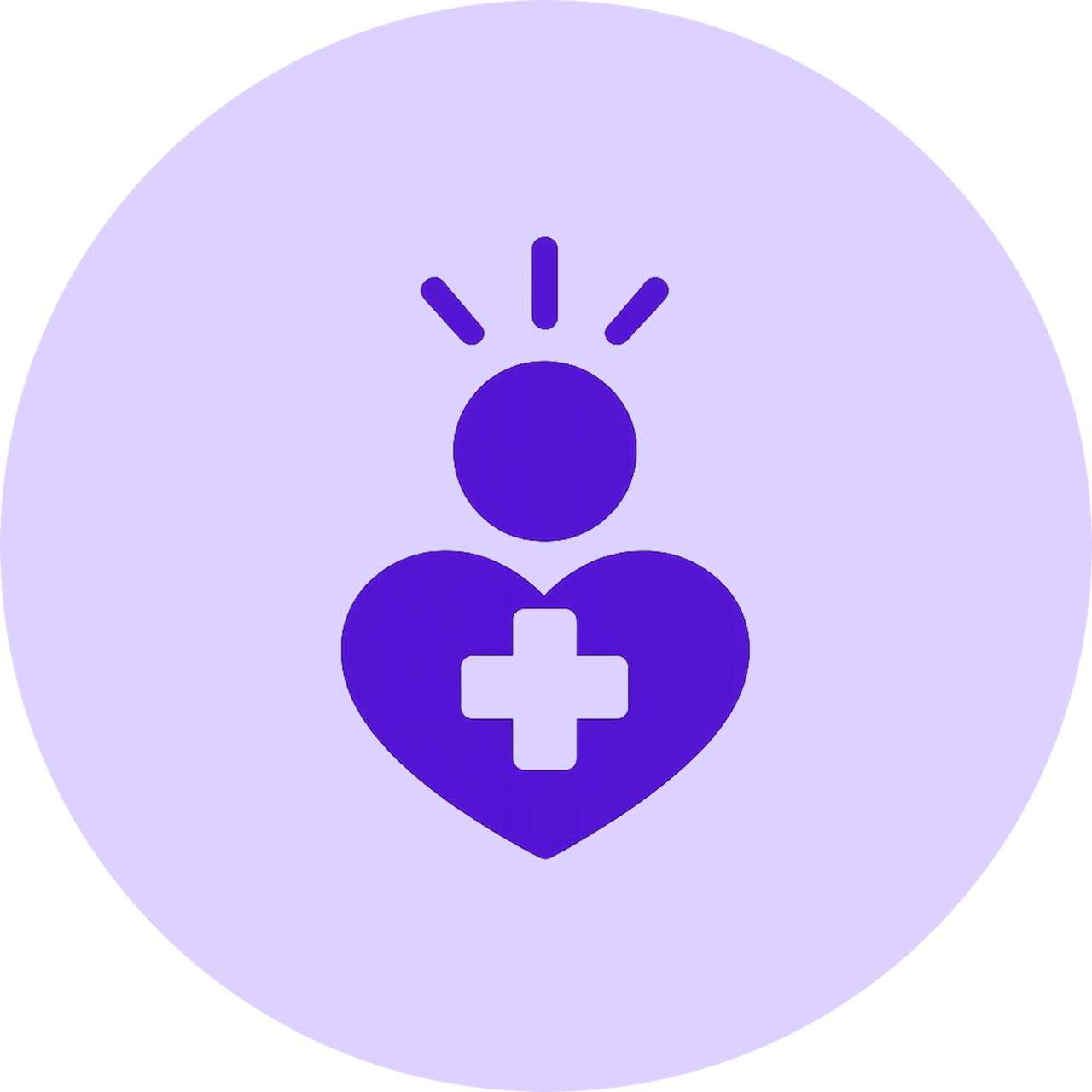 Purple heart with a cross and a person icon with rays above on a light purple circle.
