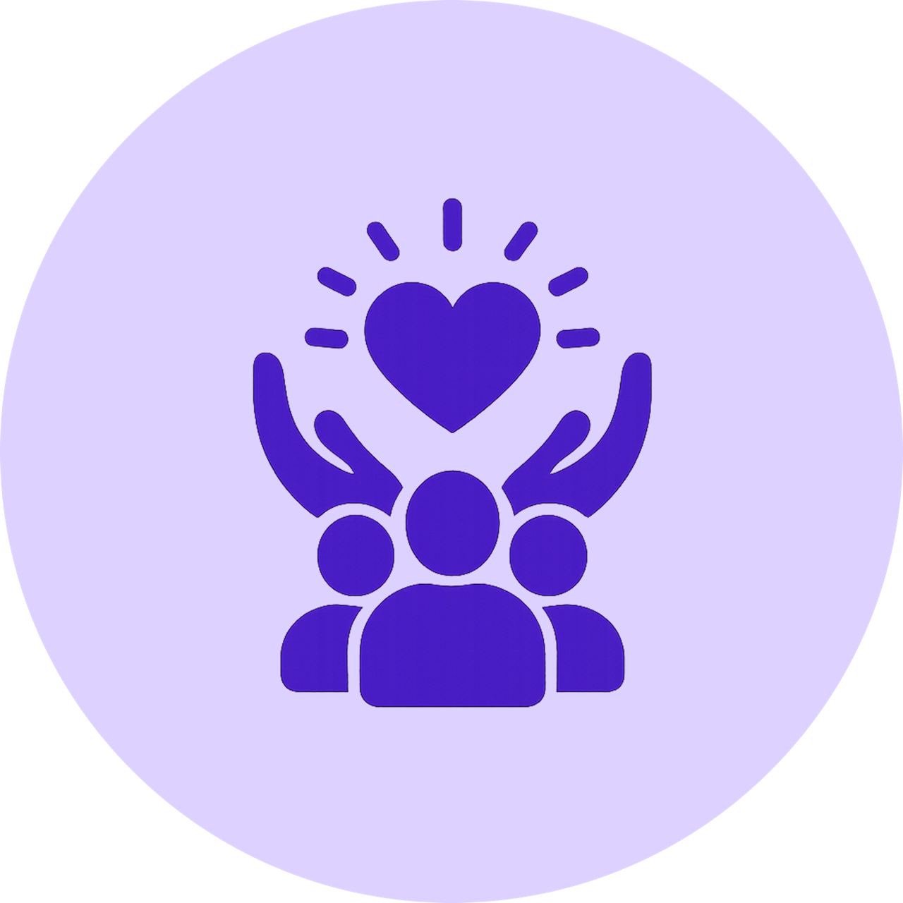Icon of three people with raised arms below a heart symbol emitting rays in a purple circle.