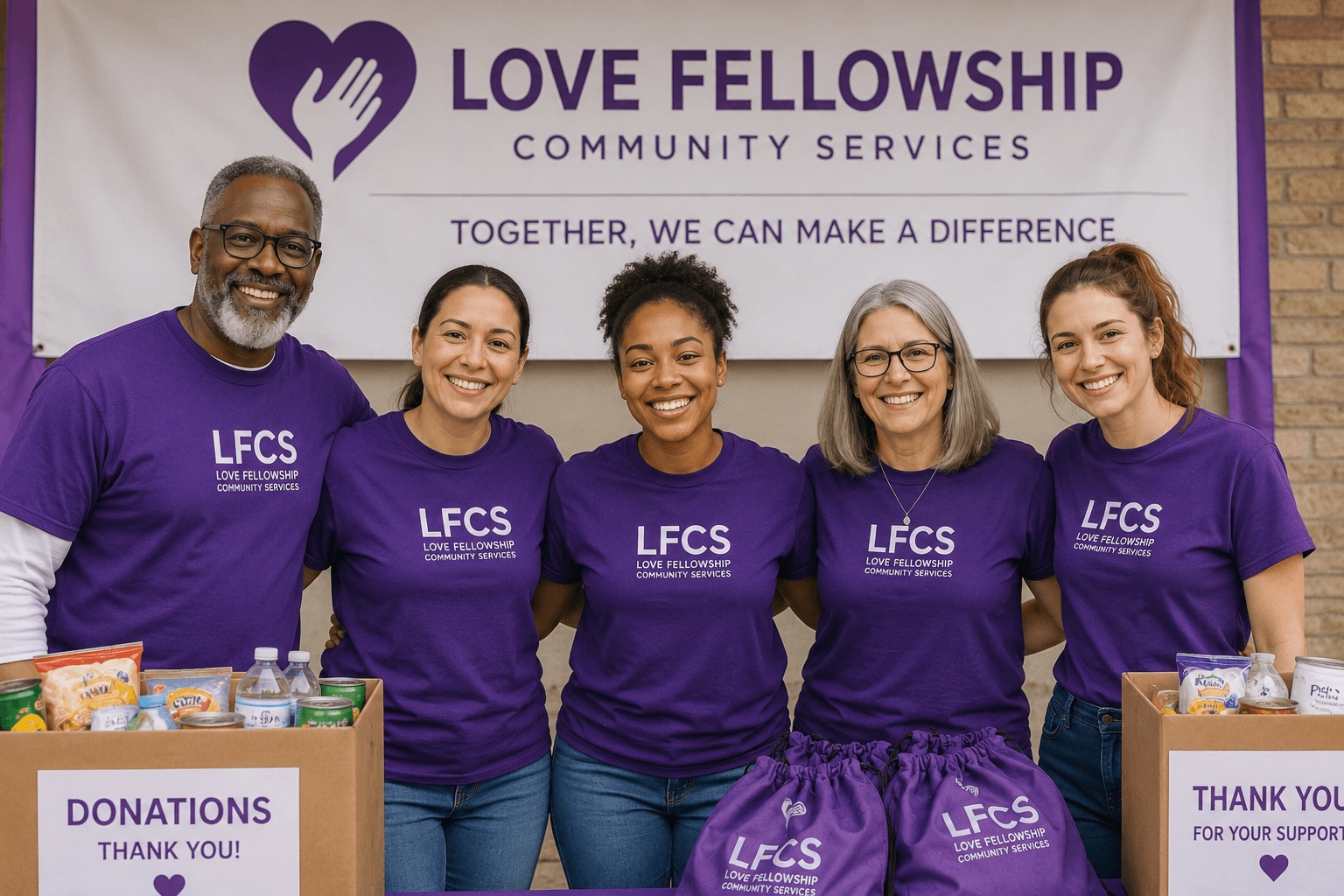Five smiling volunteers wearing purple Love Fellowship shirts stand behind donation boxes and bags.