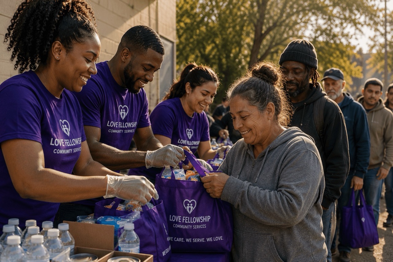 Volunteers distributing blessing bags, food, and essential supplies during a community outreach event in Nashville