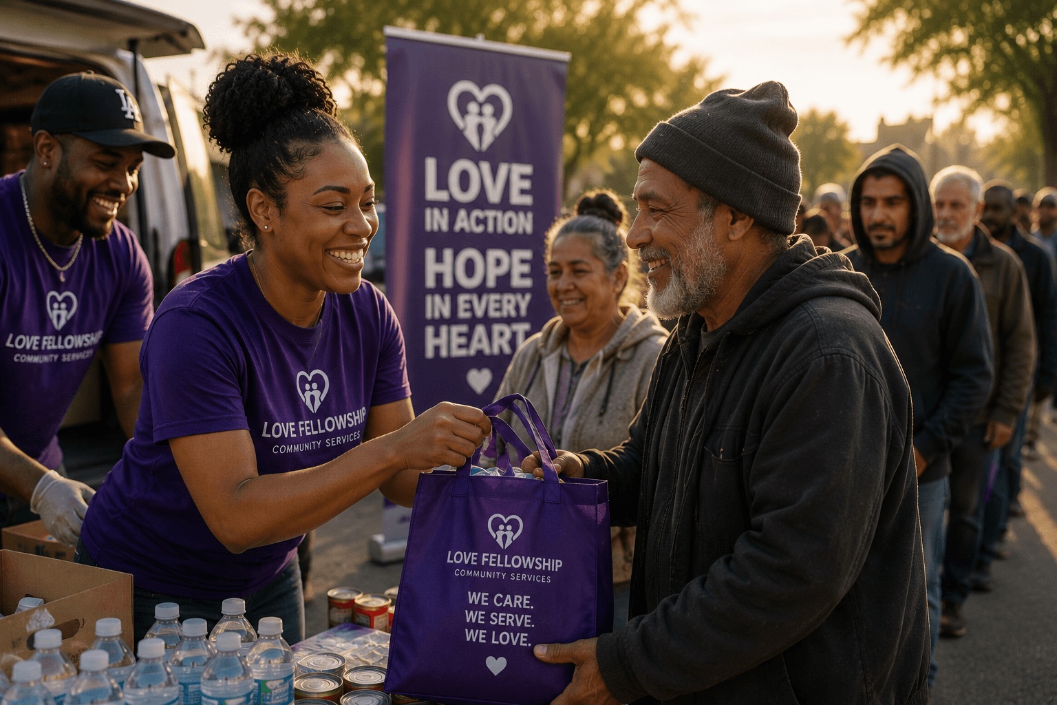 Community volunteers providing food and essential supplies to families during a neighborhood outreach event