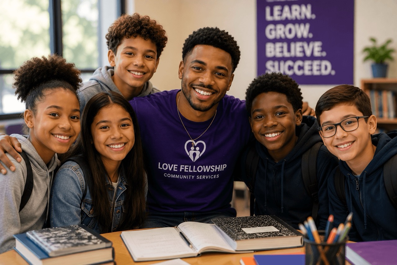 Youth participants and mentors smiling together during a community development event
