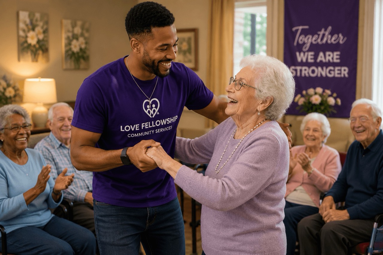 Volunteer supporting a senior during a community care and family assistance program