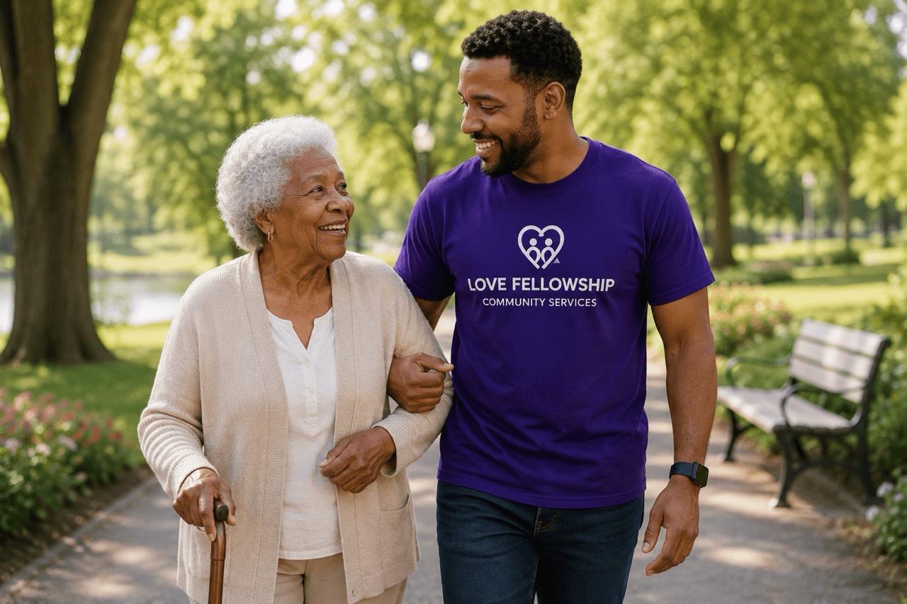 Volunteer walking and talking with a senior during a community support program
