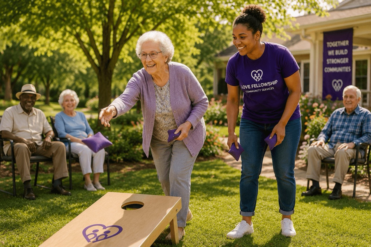 Seniors and community volunteers participating in a supportive group activity together