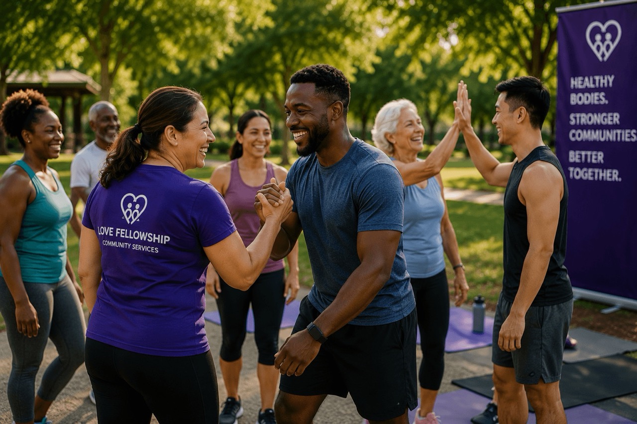 Community members participating in a group wellness and fitness program outdoors