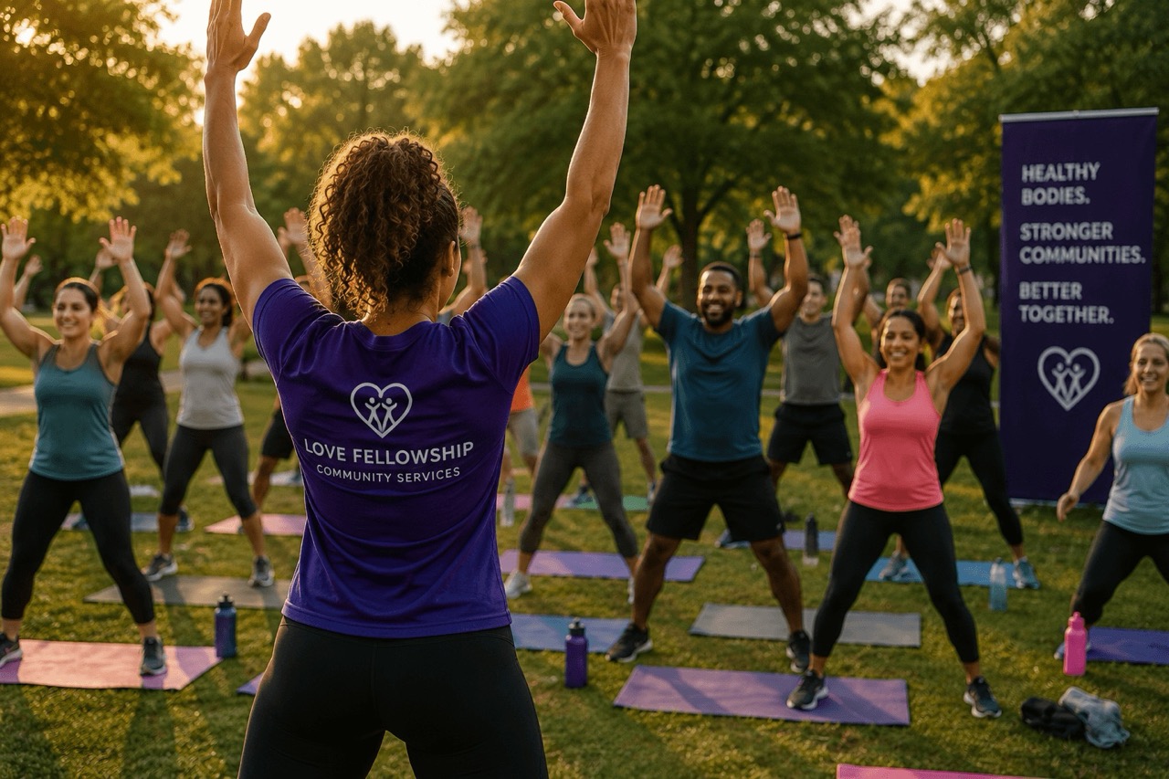 Fitness instructor leading a community wellness class with participants exercising together