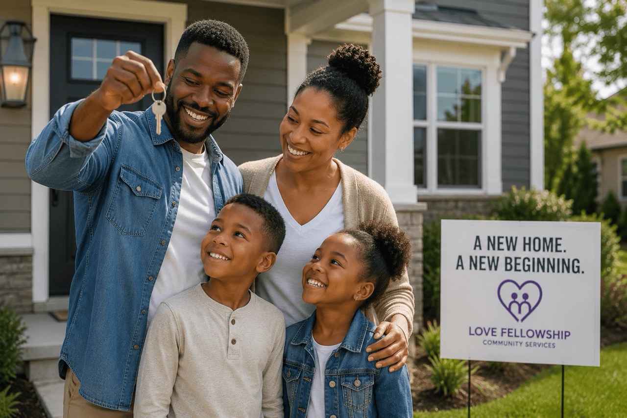 Family celebrating homeownership with community support and guidance