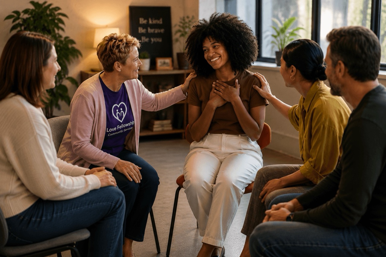 Community members participating in a supportive emotional wellness group discussion