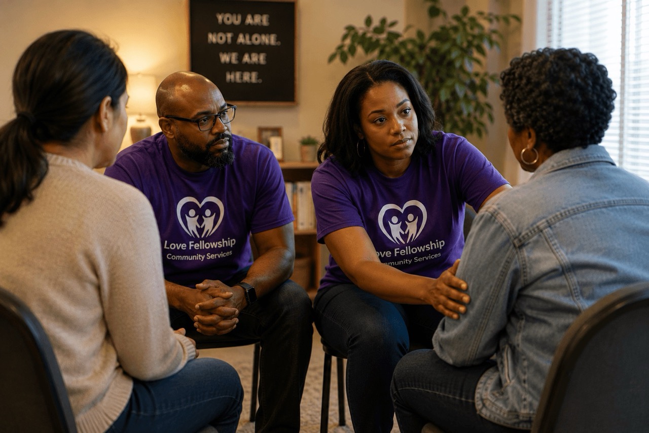 Community members participating in an emotional wellness support group