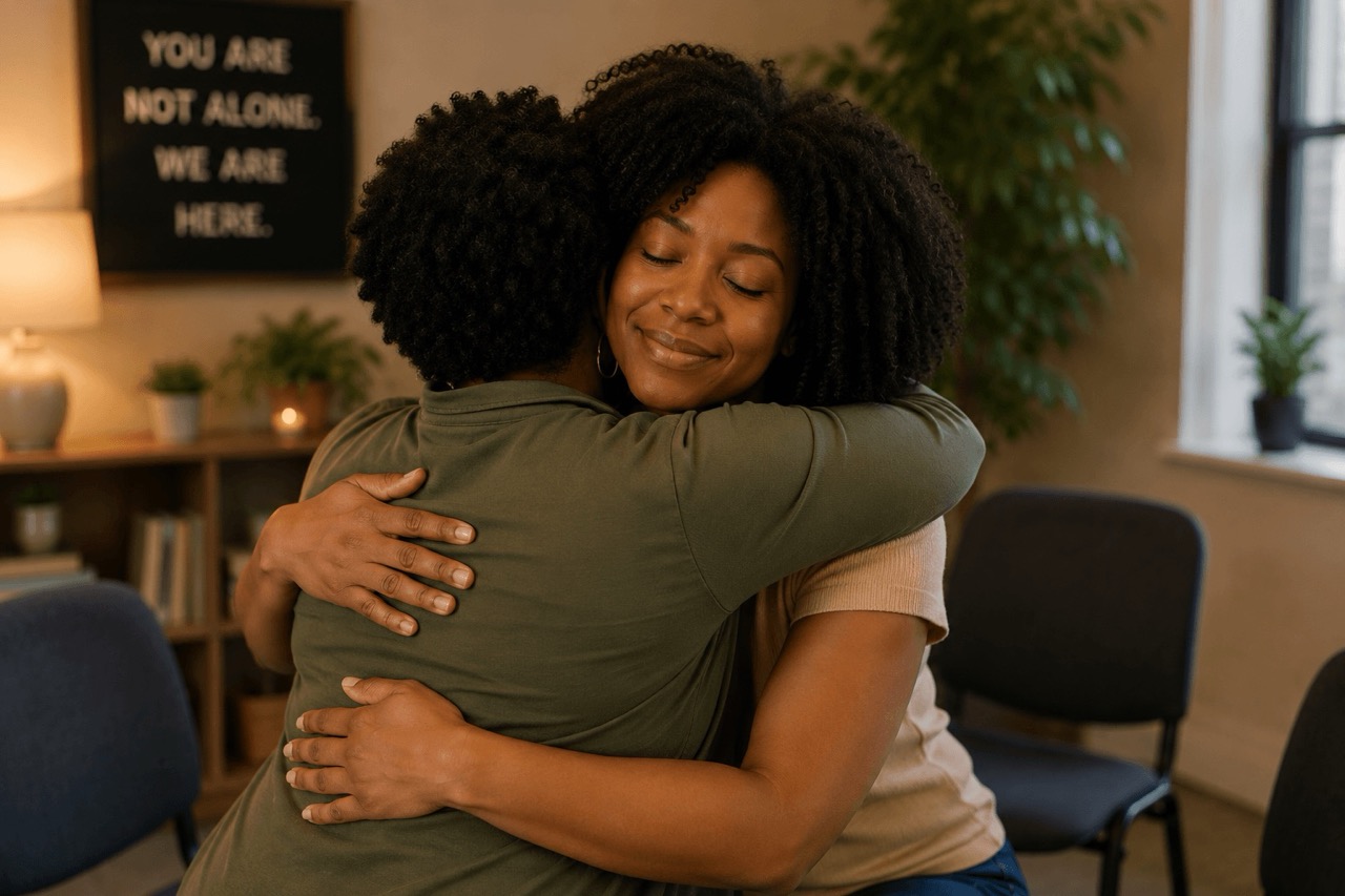 Community members sharing encouragement and connection during a wellness support gathering