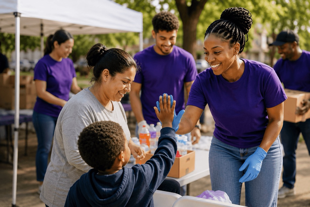 Community members praying and serving together during an outreach event